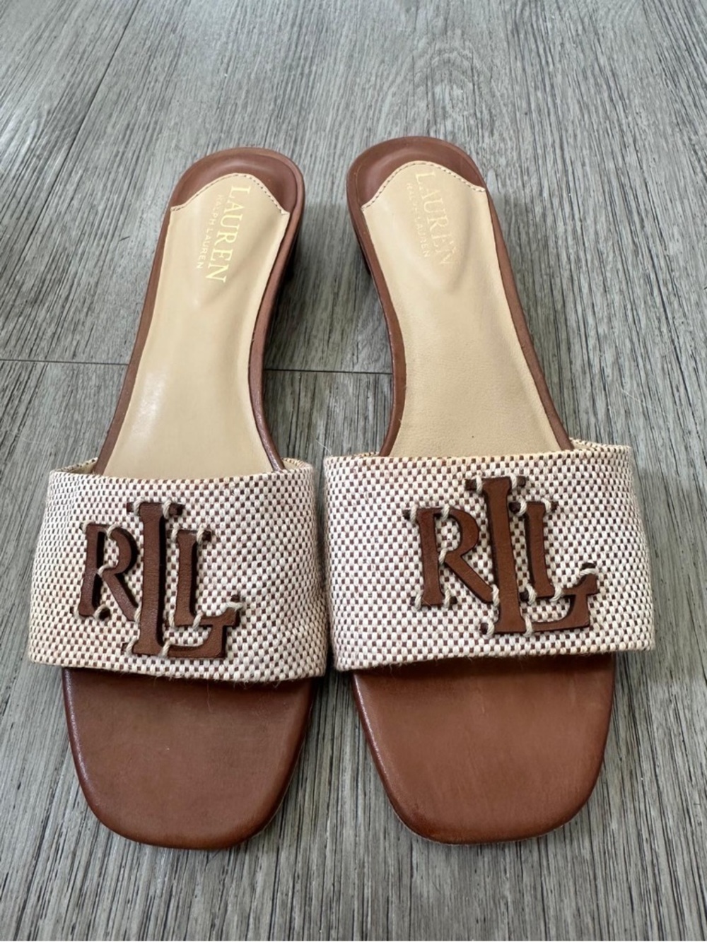 Lauren Ralph Lauren Brown & Cream RL Monogram Slide Mules